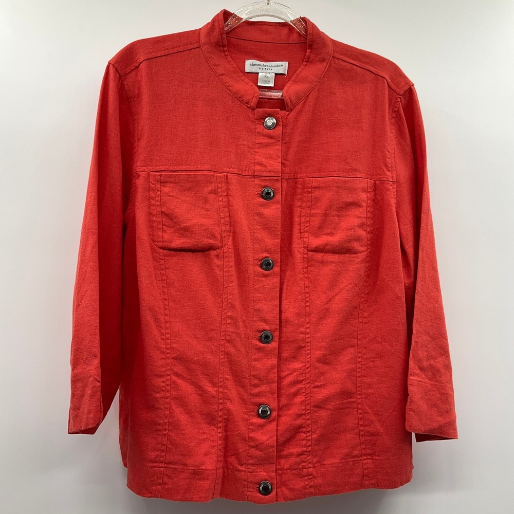 Christopher & Banks Rust Linen Blend Shirt Jacket Lagenlook 3/4 Sleeve Petite PL